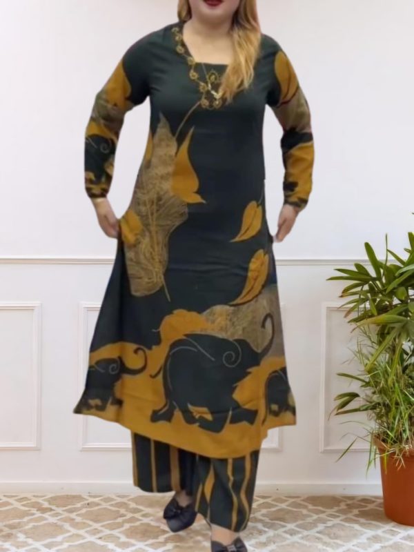Dark Green & Orang Color Printed Kurta with Pant